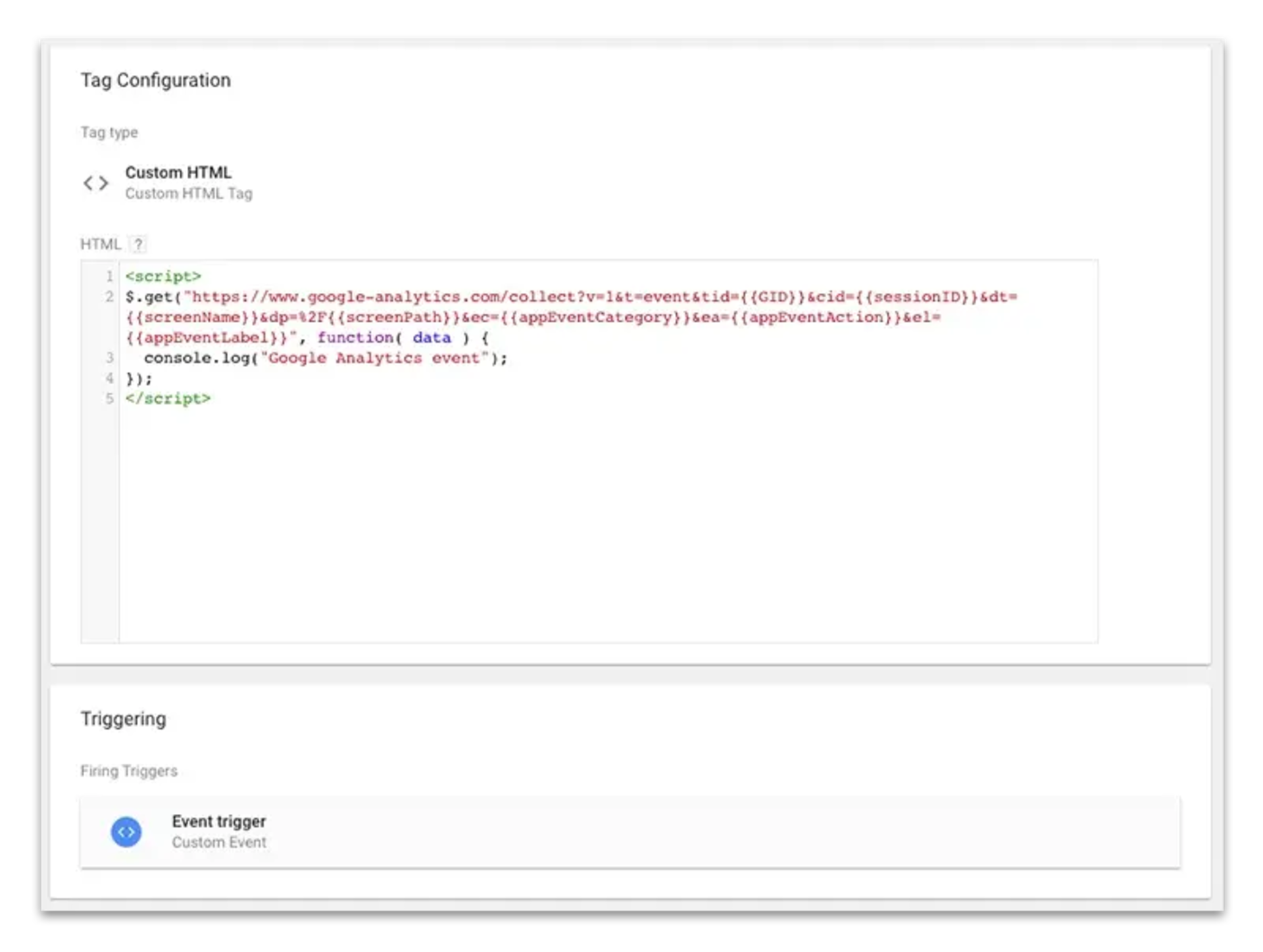 GTM screenshot, custom code snippet