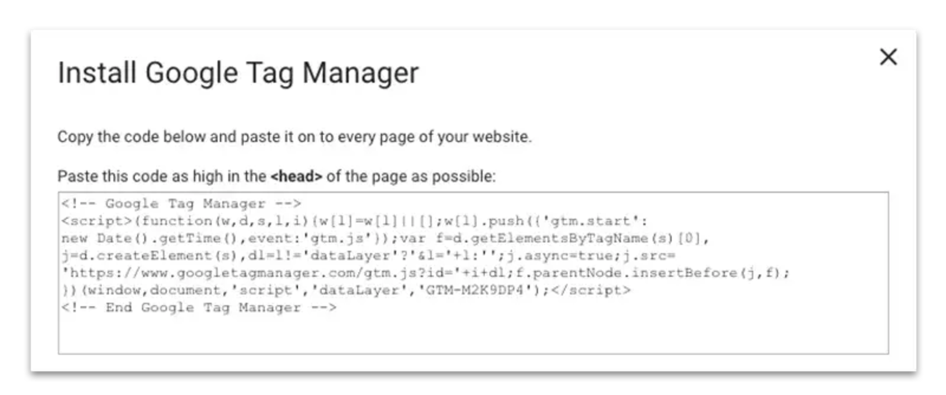 GTM screenshot, installation snippet